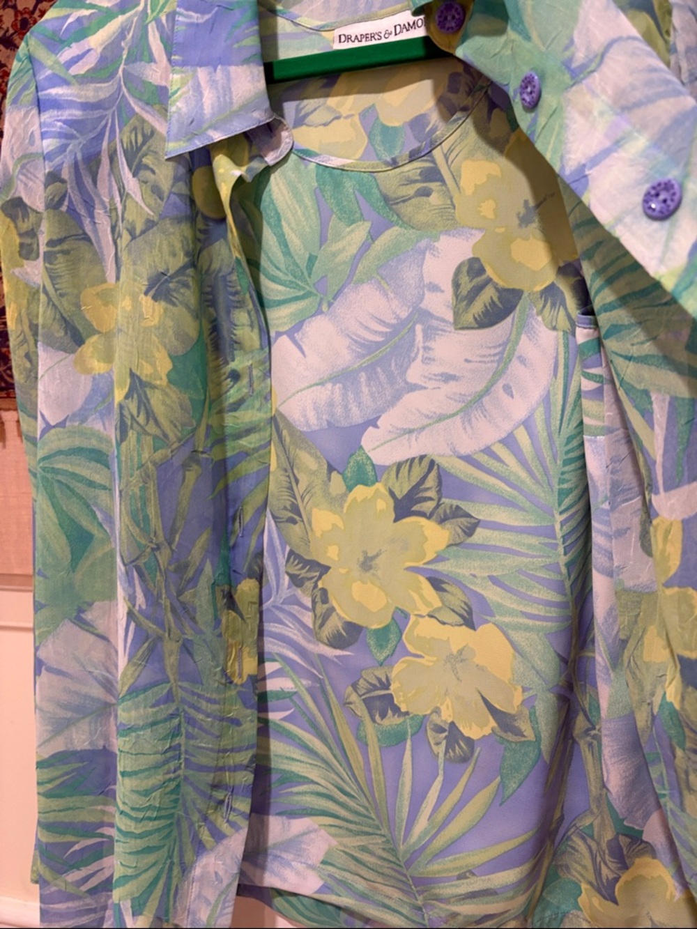 Draper’s & Damon’s Tropical Leaf & Floral Sheer Blouse in Green, Blue & Yellow M - Picture 6 of 15